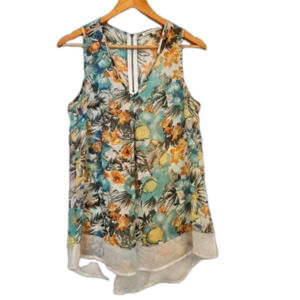 Daniel Rainn Sheer Green Floral Fairycore Boho V-Neck Tunic Tank, size medium